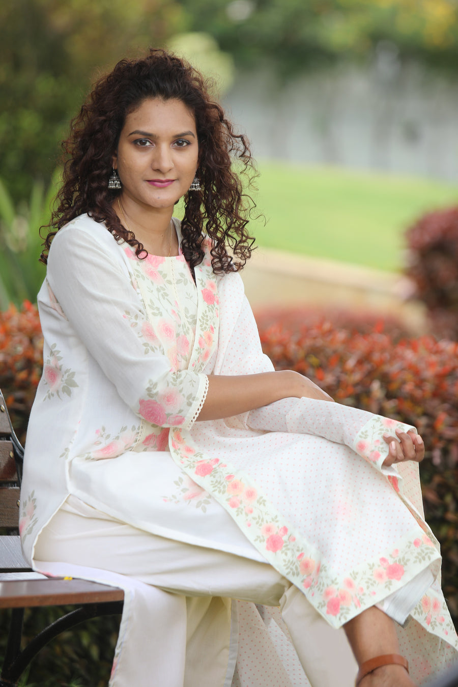 Offwhite Cotton Kurta With Vintage Floral Design All Over And An Elaborate Yoke With Lace Detailing With Chanderi Dupatta - Kurta & Pant with Dupatta
