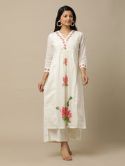 Ivory Lotus Printed Cotton Suit With White Chiffon Dupatta - Kurta & Pant with Dupatta