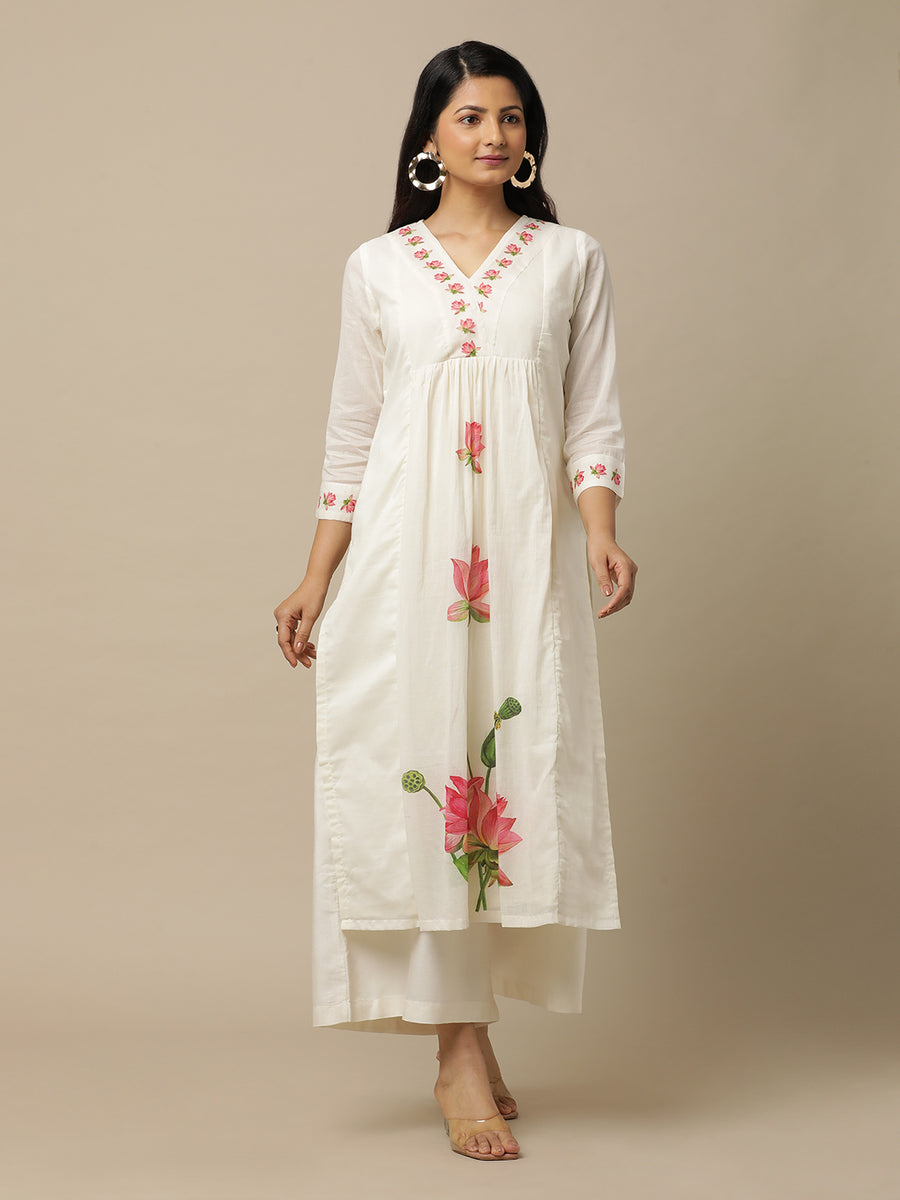 Ivory Lotus Printed Cotton Suit With White Chiffon Dupatta - Kurta & Pant with Dupatta