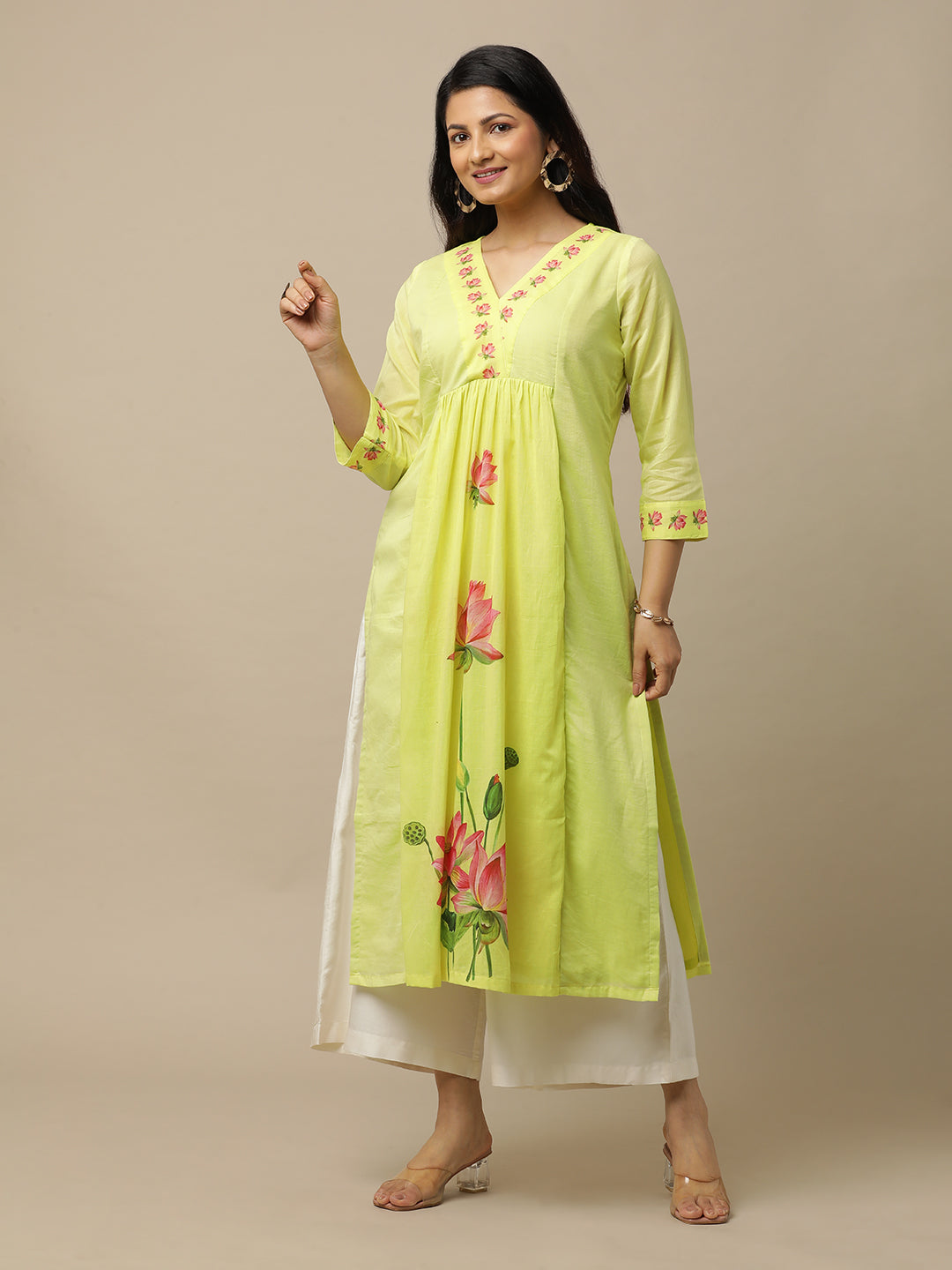 Yellow Lotus Printed Cotton Suit With White Chiffon Dupatta - Kurta & Pant with Dupatta