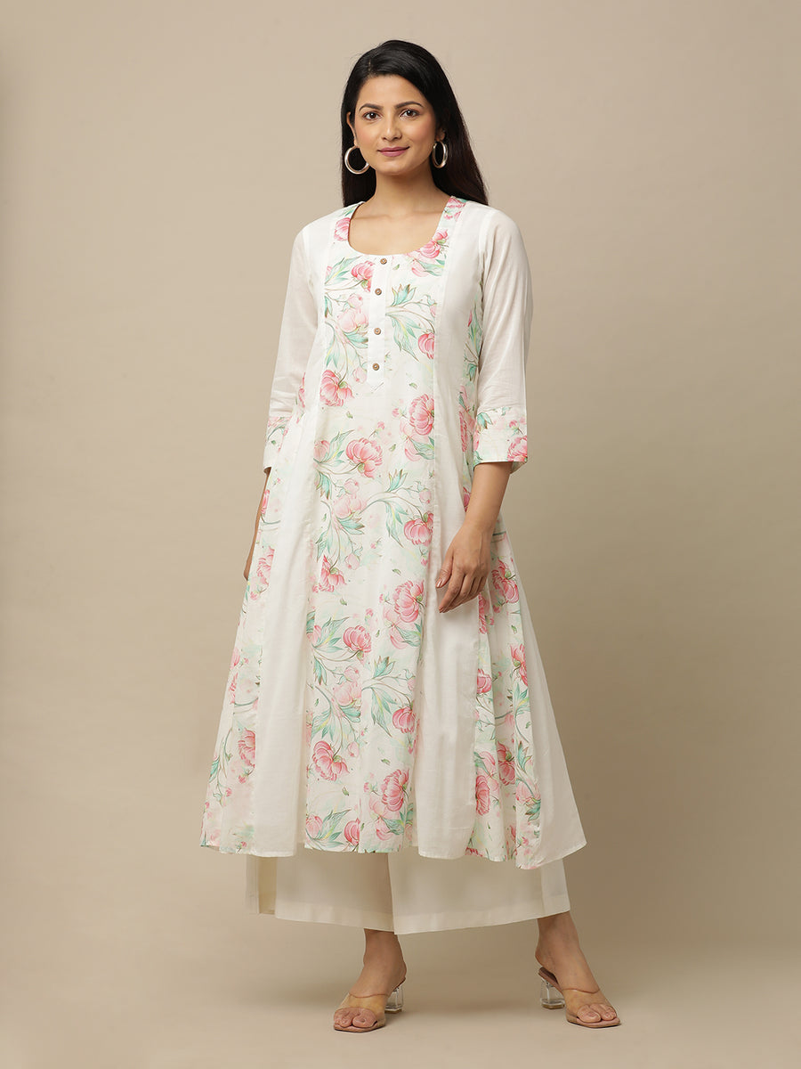 White Peony Printed Cotton Suit With White Chiffon With Printed Floral Border - Kurta & Pant with Dupatta