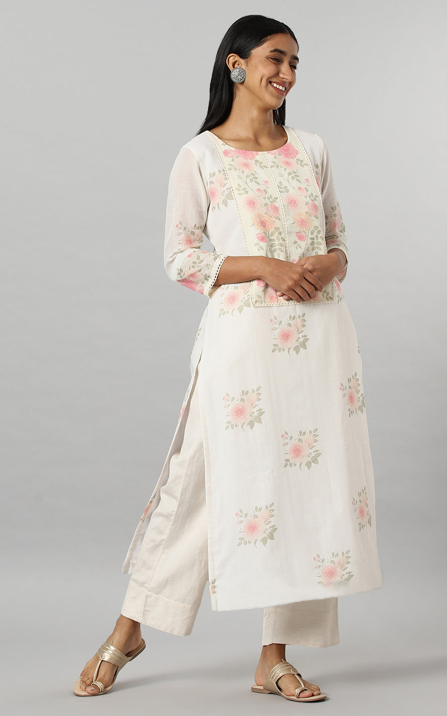 Offwhite Cotton Kurta With Vintage Floral Design All Over And An Elaborate Yoke With Lace Detailing With Chanderi Dupatta - Kurta & Pant with Dupatta