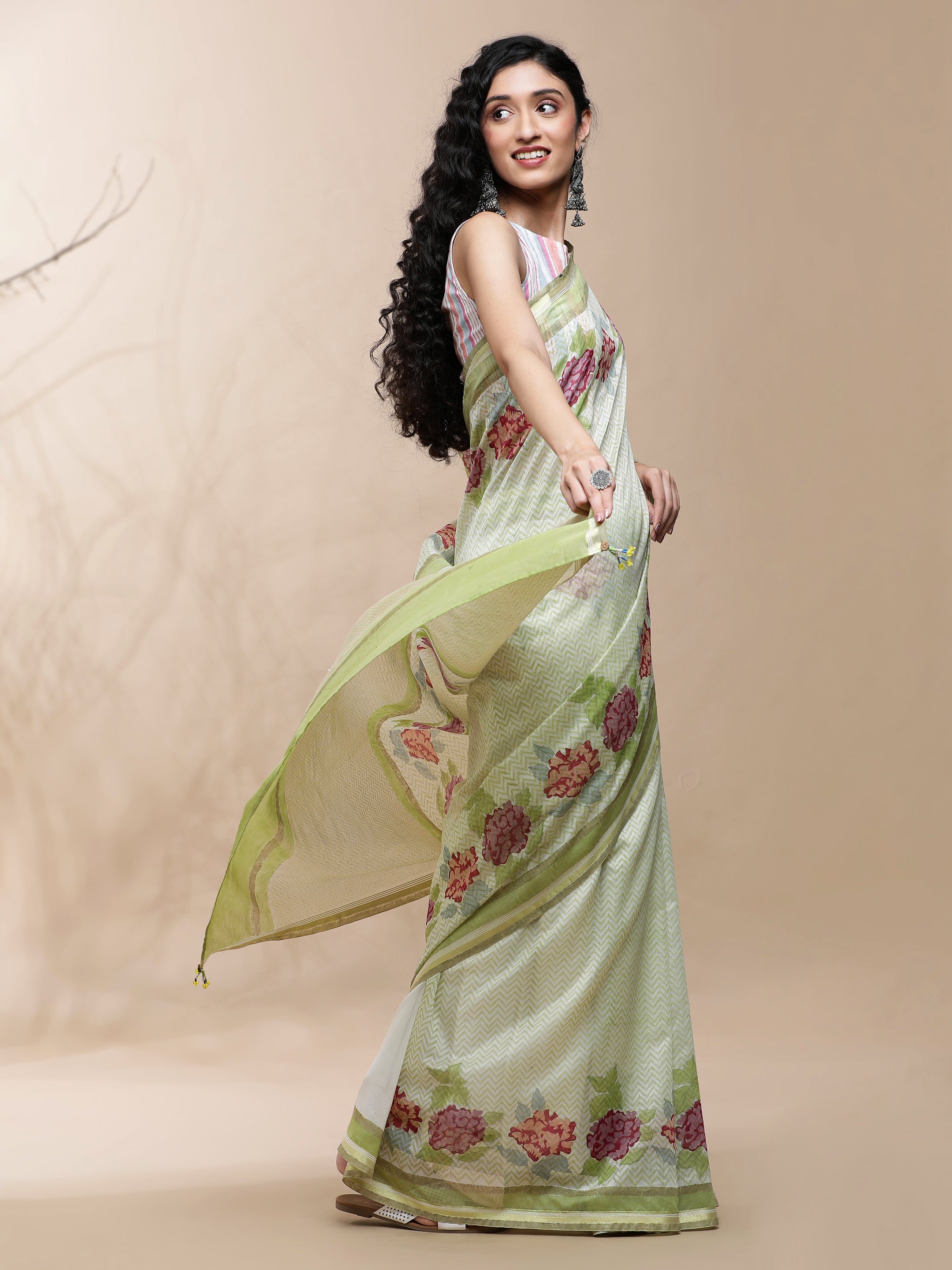 Manjari Chanderi Green Silk Saree