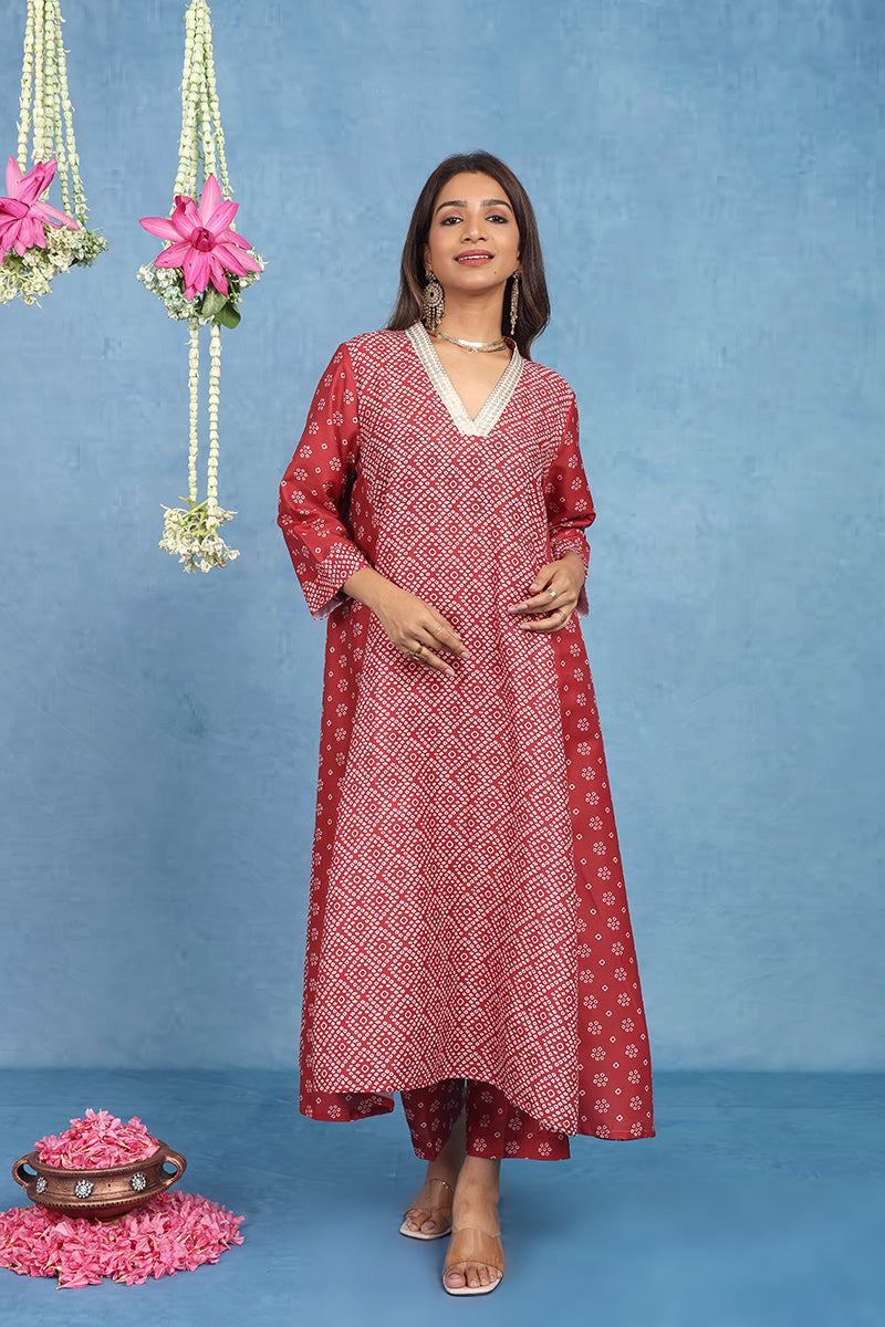 Malhaar Red Bhandini Cotton Kurta