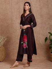 Chocolate Rust Chanderi Silk Kurta With Deep Pink Rose Floral Prints And Cotton Pants -set Of 2