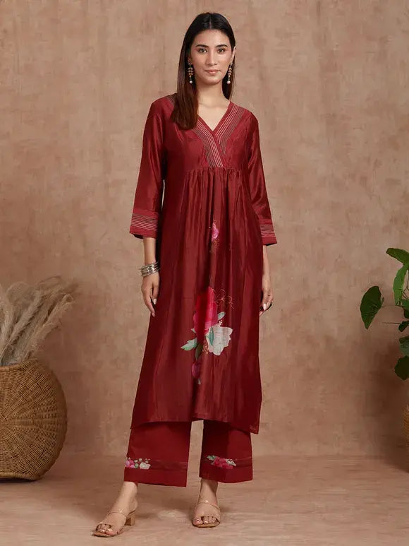Ginger Rust Chanderi Silk Kurta With Deep Pink Rose Floral Prints And Cotton Pants -set Of 2