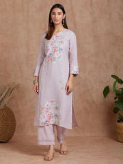 Lilac Breeze Handwoven Linen Kurta With Prints And Cotton Pants -set Of 2