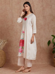 Peach Nectar And Bubblegum Striped Chanderi Silk Kurta With Deep Pink Rose Floral Prints  And Cotton Pants-set Of 2