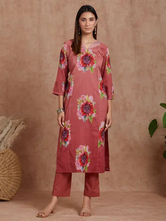 Brick Red And Rust Handwoven Chanderi Silk Kurta With Organza Detailing And Cotton Pants -set Of 2