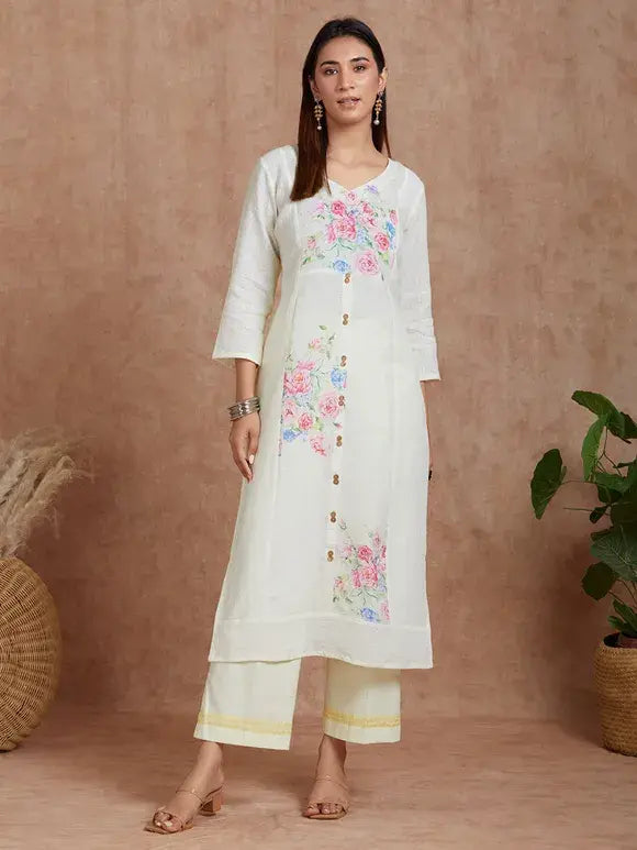 Buttercup Handwoven Linen Kurta With Print And Cotton Pants -set Of 2