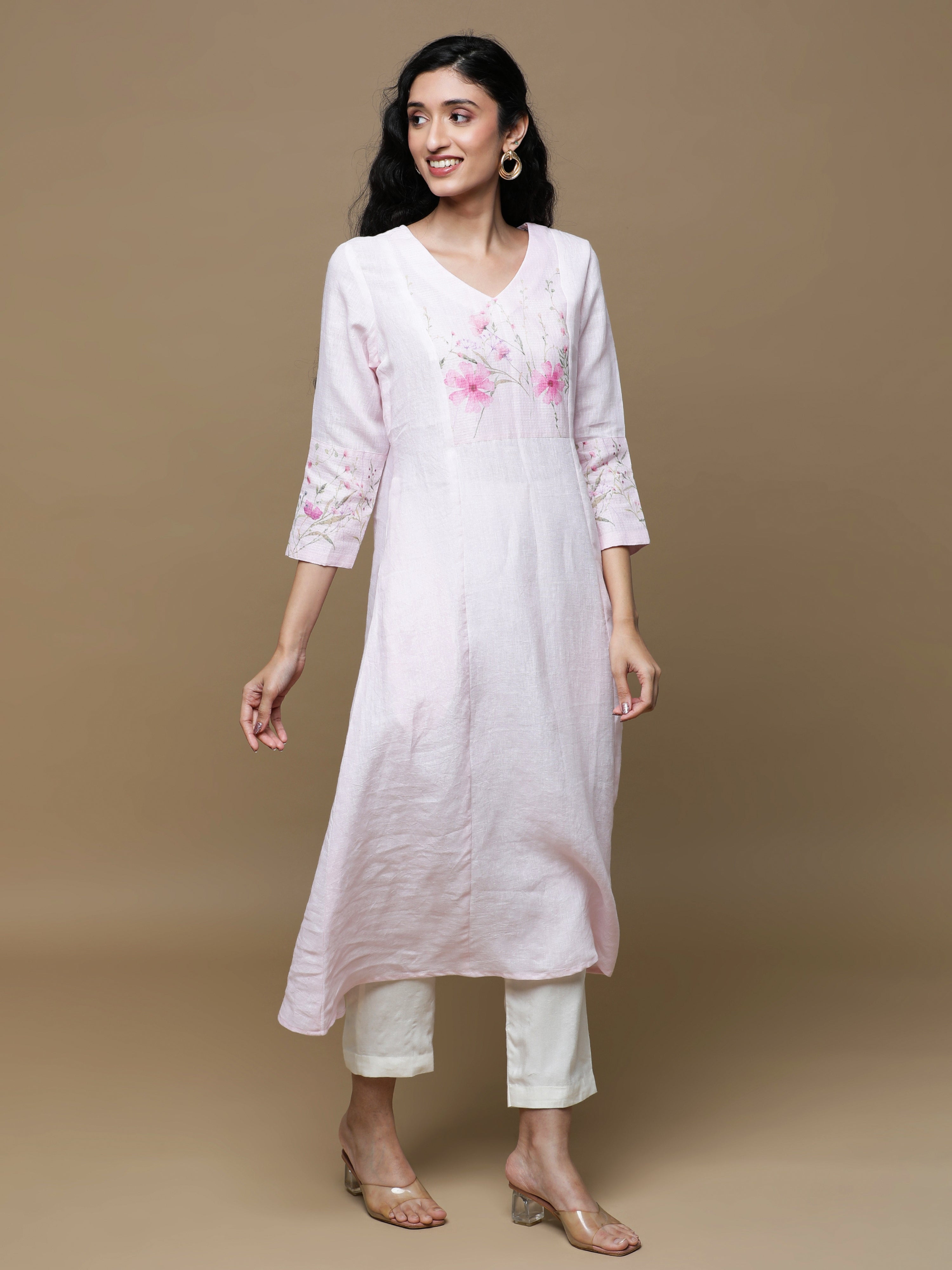 Heritage Glow Powder Pink Linen Kurta And Bottom