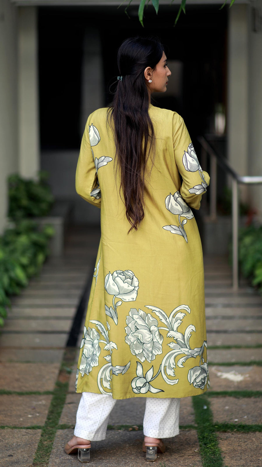 Regal Luxe Mustard Round Neck Staple Silk One-piece With Pleats And Rose Print Kurta/ Dress