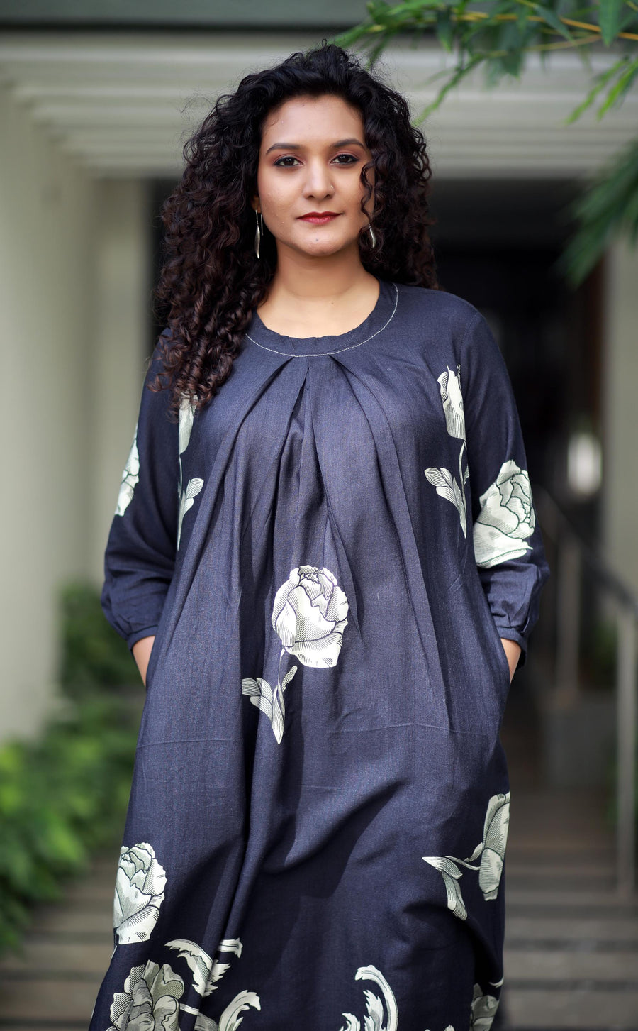 Regal Luxe Persian Blue Round Neck Staple Silk One-piece With Pleats And Rose Print Kurta/ Dress