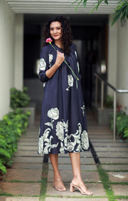 Regal Luxe Persian Blue Round Neck Staple Silk One-piece With Pleats And Rose Print Kurta/ Dress