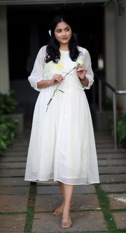 Angelic Essence White And Yellow Orchids Kota Cotton Kurta/ Dress