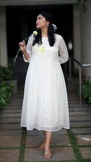 Angelic Essence White And Yellow Orchids Kota Cotton Kurta/ Dress