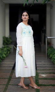 Angelic Essence White And Blue Orchids Kota Cotton Kurta/ Dress