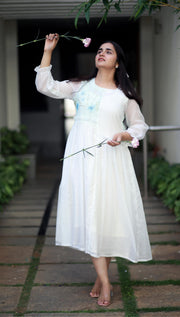 Angelic Essence White And Blue Orchids Kota Cotton Kurta/ Dress
