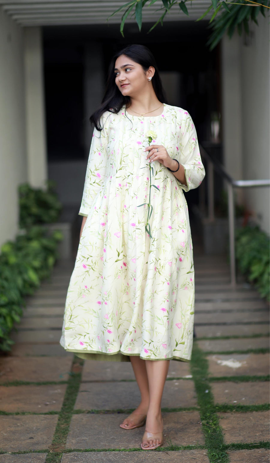 Dainty Dusk Pastel Green Staple Silk Kurta With Floral Design Kurta/ Dress