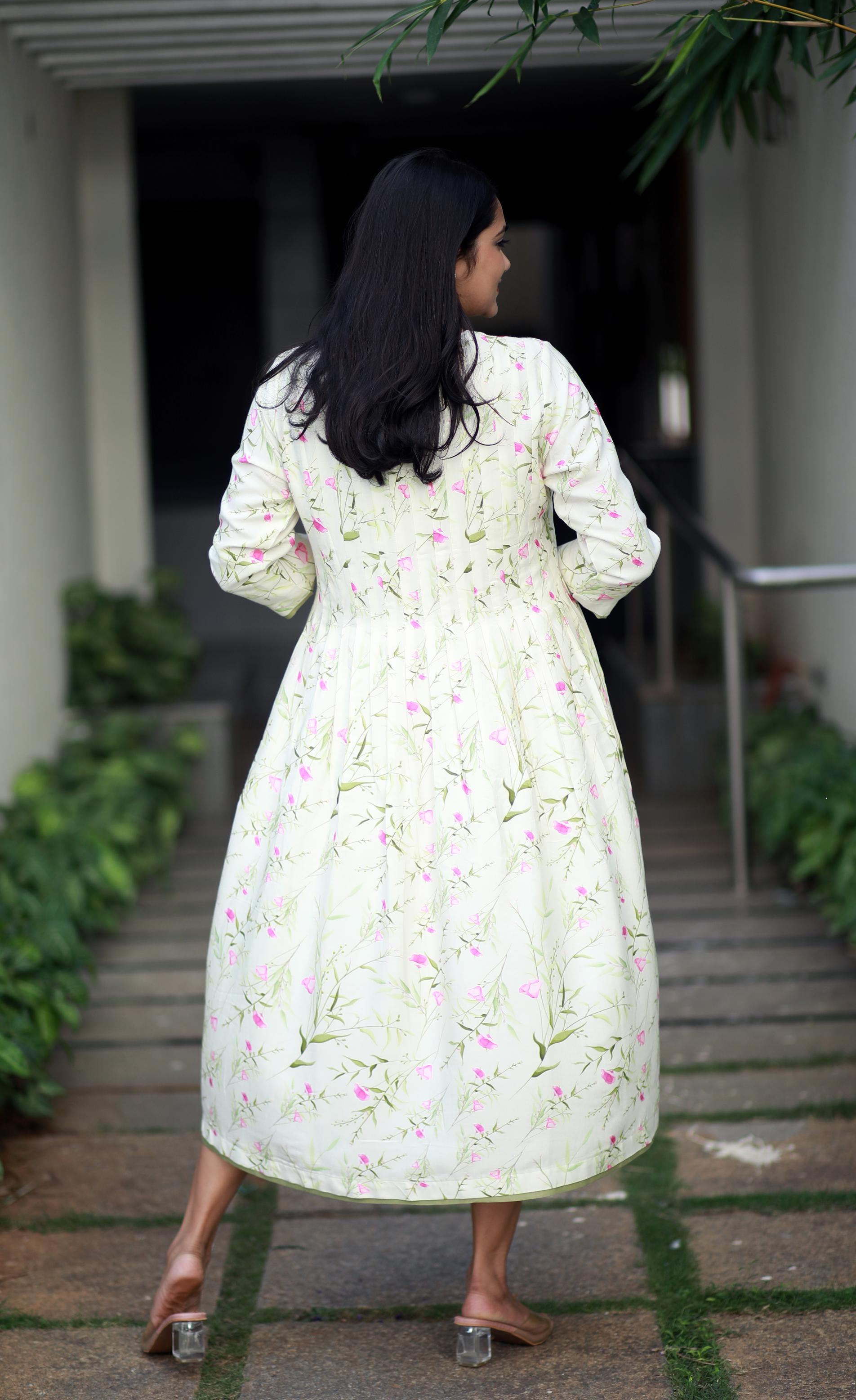 Dainty Dusk Pastel Green Staple Silk Kurta With Floral Design Kurta Dress