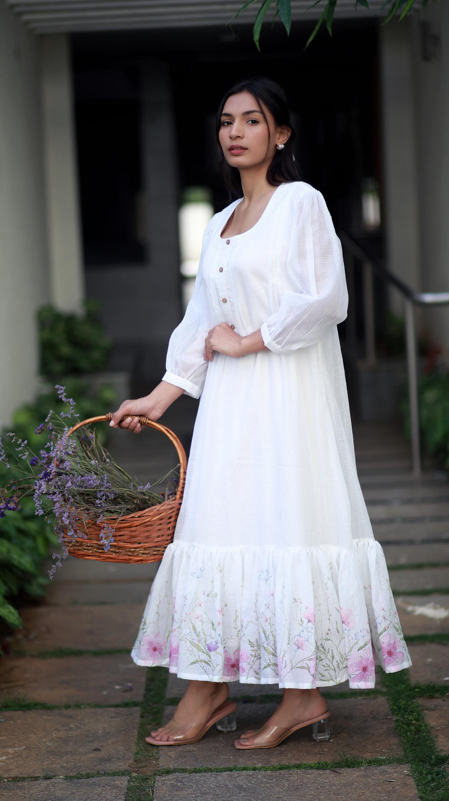 Ivory Elegance White Kota Cotton And Pink Orchids Kurta/ Dress