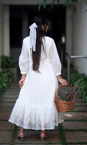 Ivory Elegance White Kota Cotton And Pink Orchids Kurta/ Dress