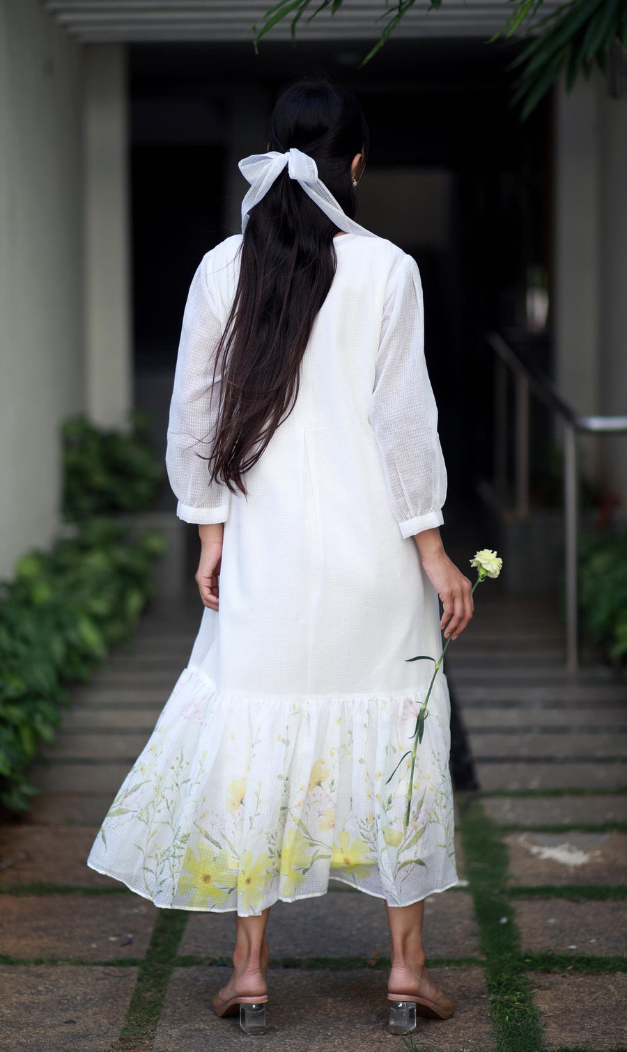 Ivory Elegance White Kota Cotton And Yellow Orchids Kurta/ Dress