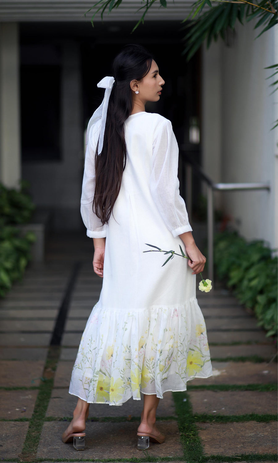 Ivory Elegance White Kota Cotton And Yellow Orchids Kurta/ Dress
