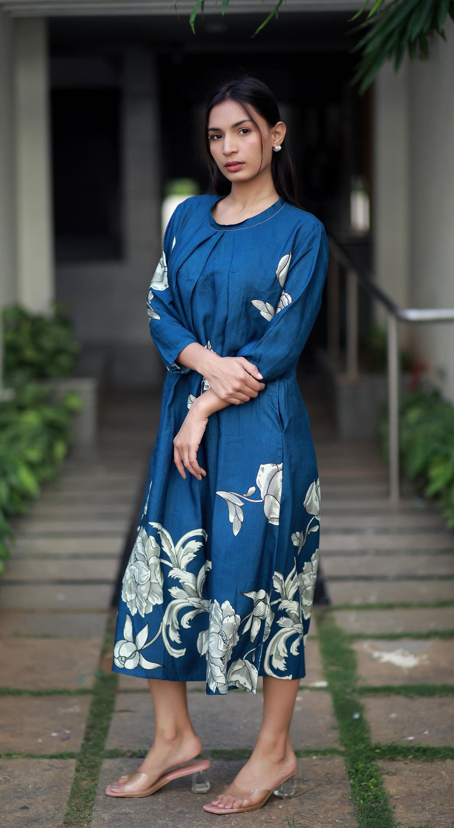 Regal Luxe Indigo Blue Round Neck Staple Silk One-piece With Pleats And Rose Print Kurta/ Dress