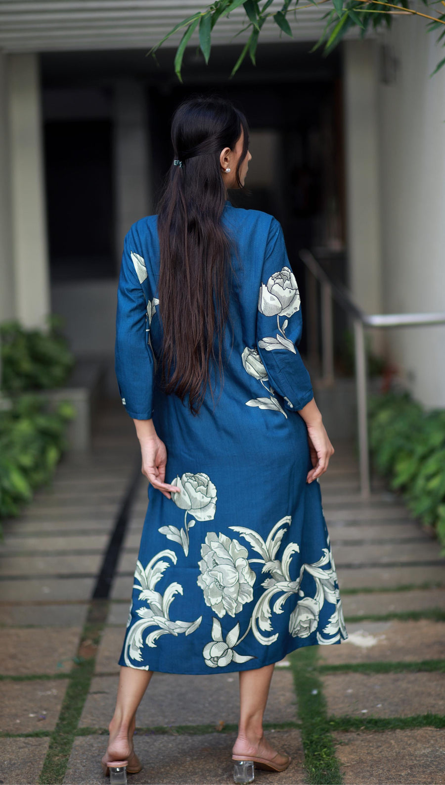 Regal Luxe Indigo Blue Round Neck Staple Silk One-piece With Pleats And Rose Print Kurta/ Dress