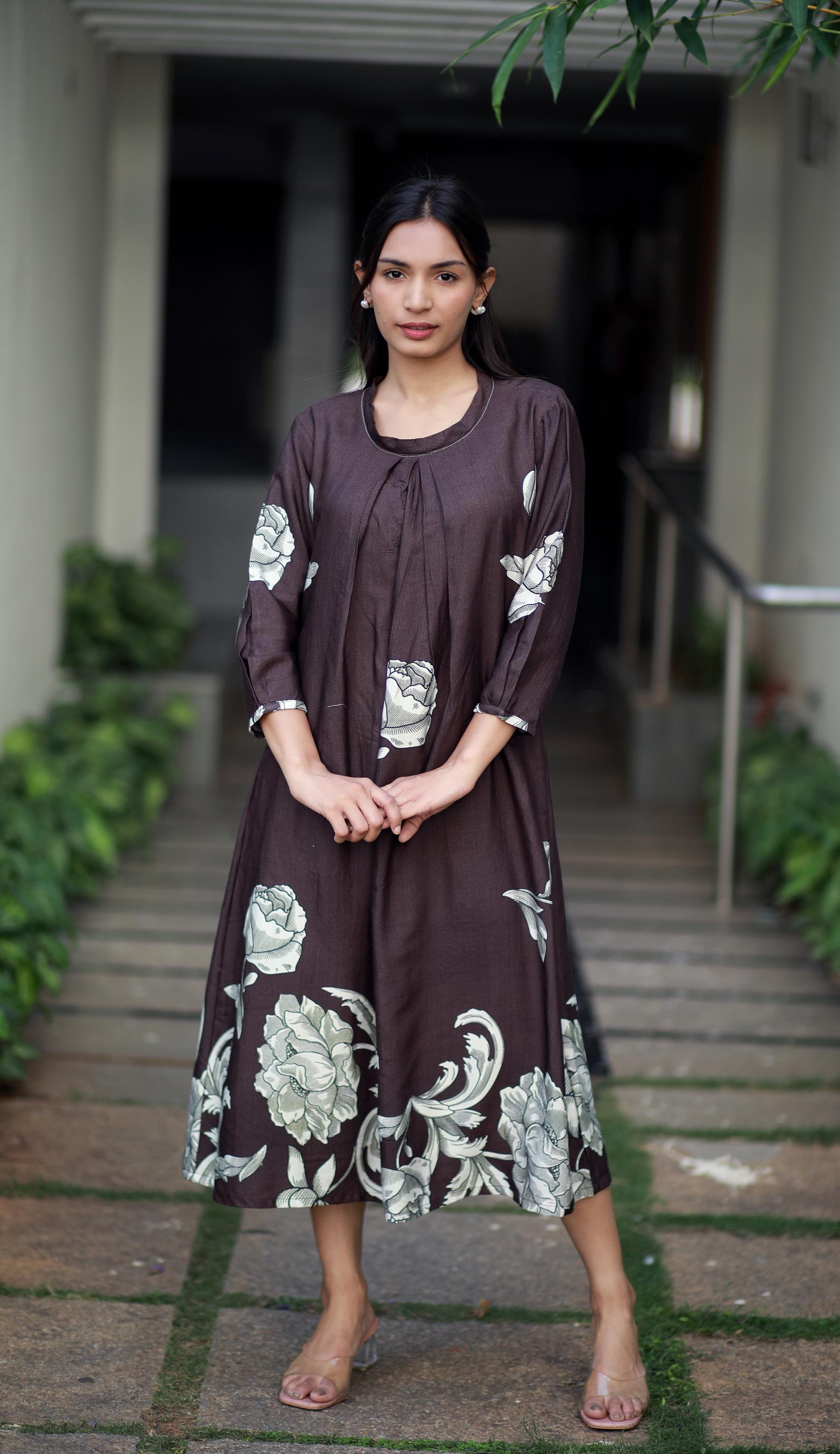 Regal Luxe Brown Round Neck Staple Silk One-piece With Pleats And Rose  Print Kurta/ Dress