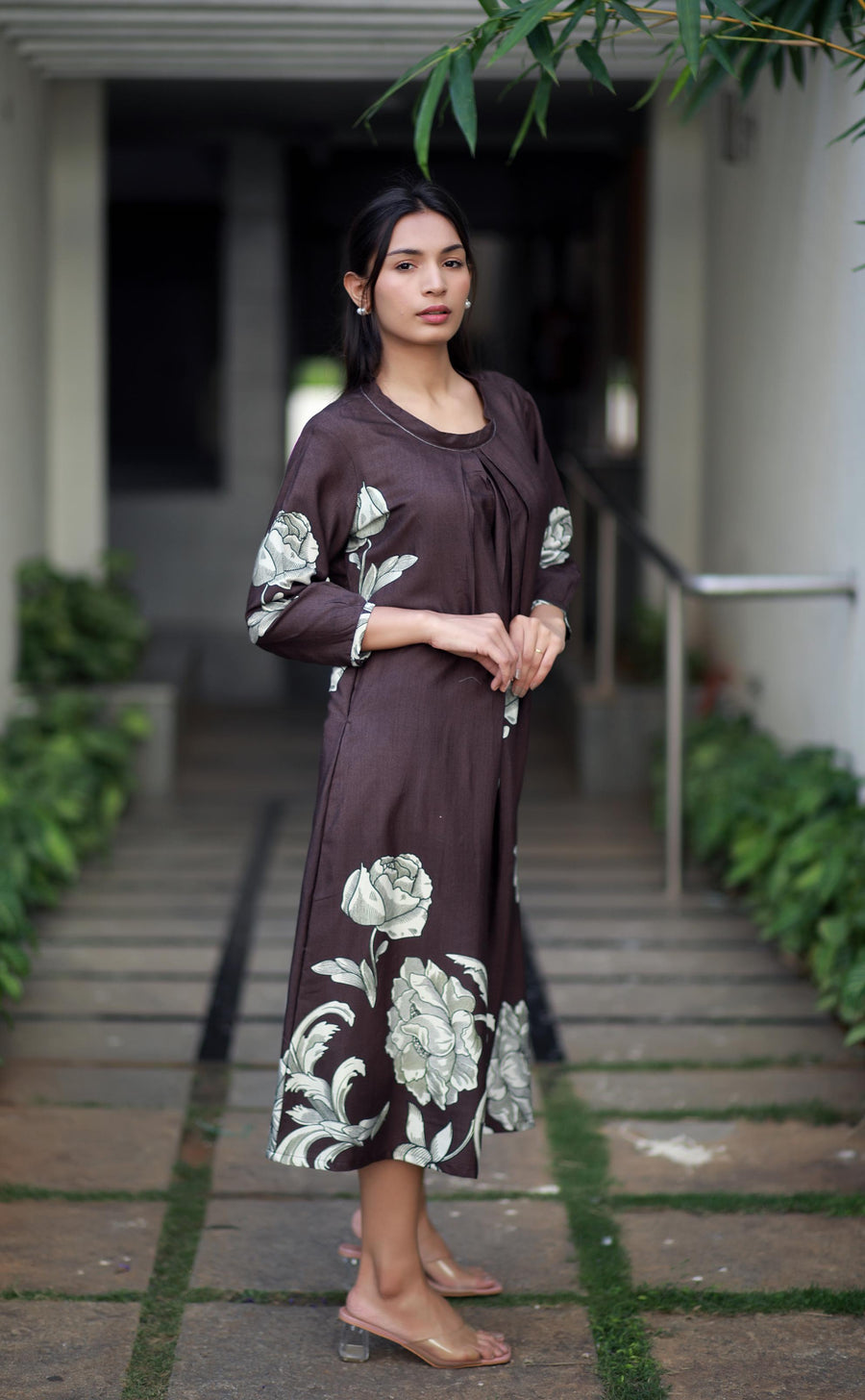 Regal Luxe Brown Round Neck Staple Silk One-piece With Pleats And Rose Print Kurta/ Dress