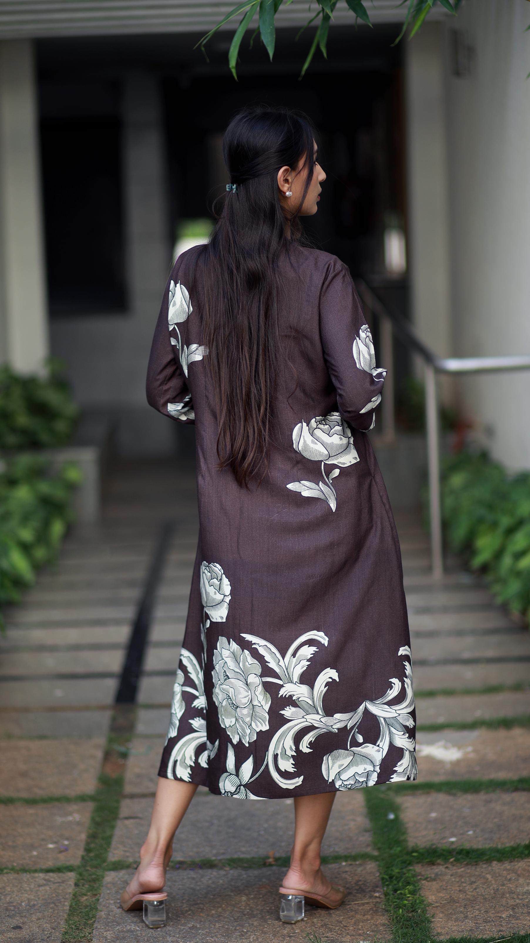 Regal Luxe Brown Round Neck Staple Silk One-piece With Pleats And Rose  Print Kurta/ Dress