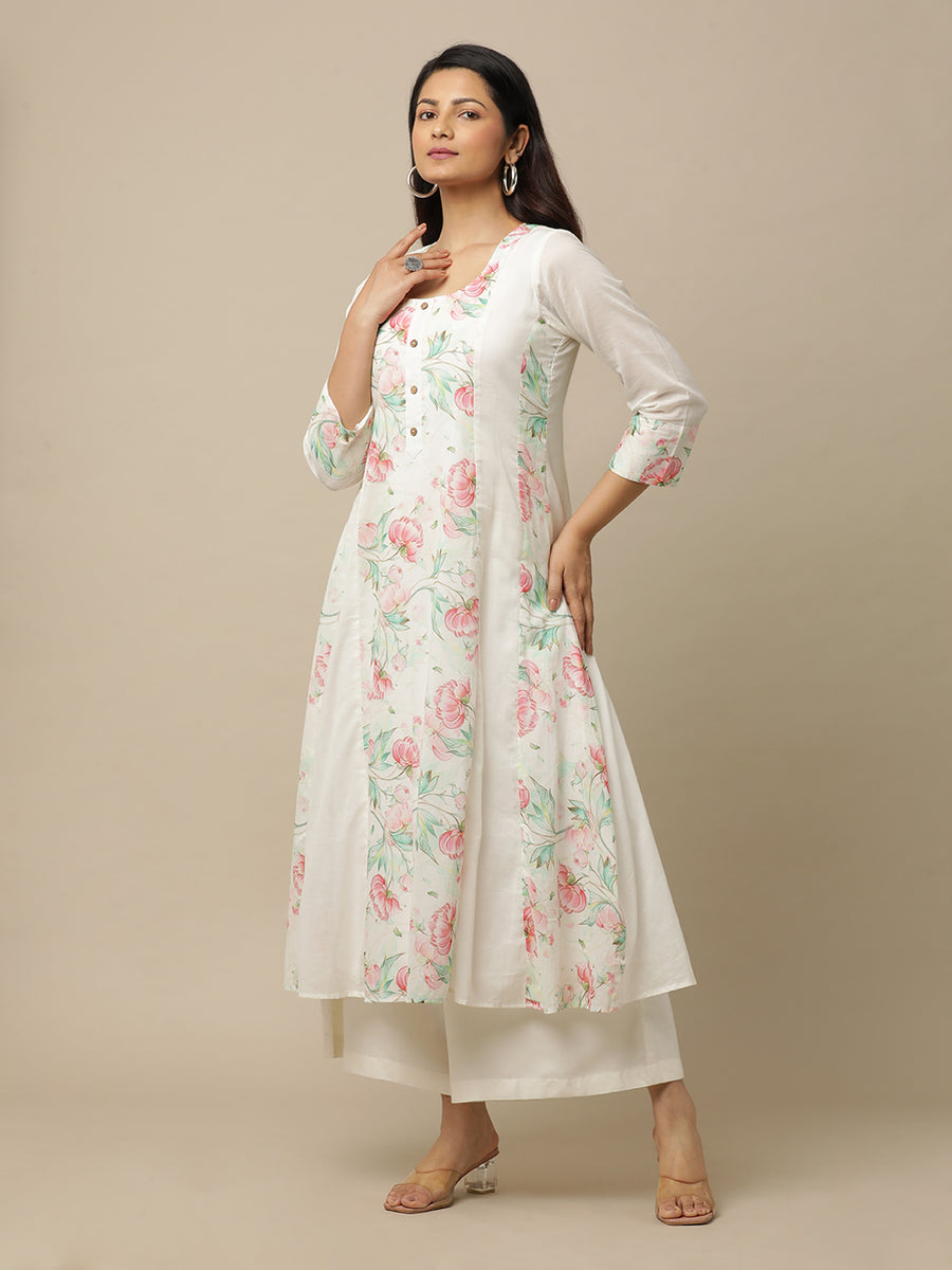 White Peony Printed Cotton Suit