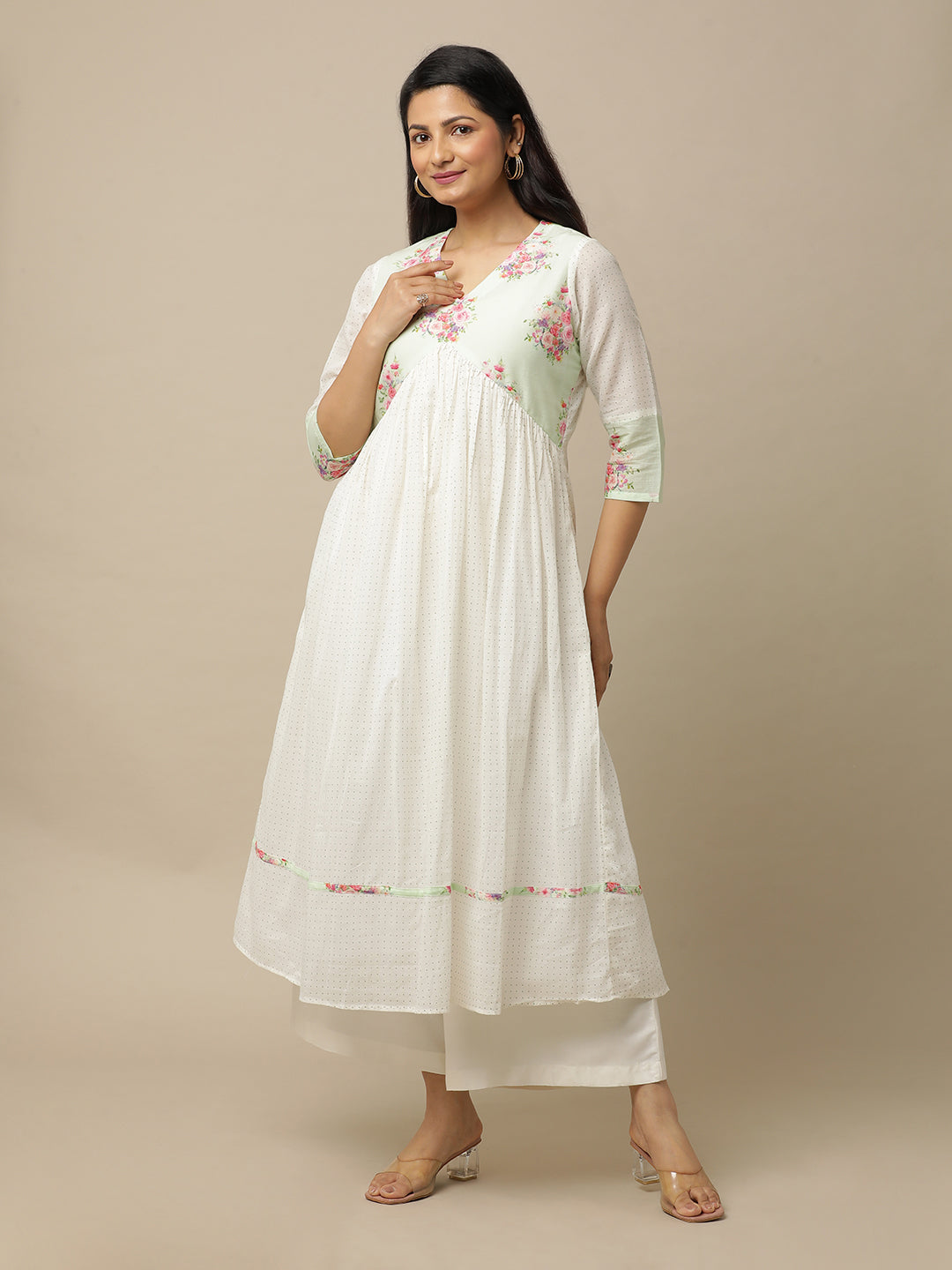 Ivory Cotton Kurta With Printed Floral Alia Cut Yoke Suit