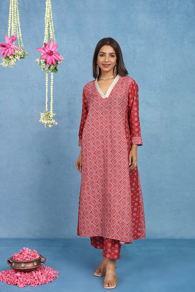 Malhaar Red Bhandini Cotton Kurta