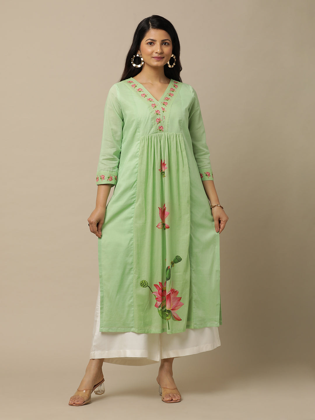 Sage Green Lotus Printed Cotton Suit