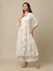 White Peony Printed Cotton Suit With White Chiffon With Printed Floral Border - Kurta & Pant with Dupatta