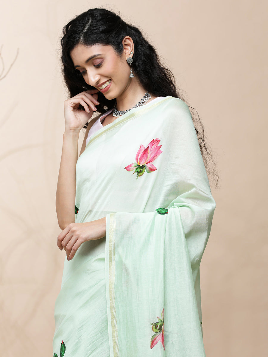 Nalini Chanderi Green Silk Saree