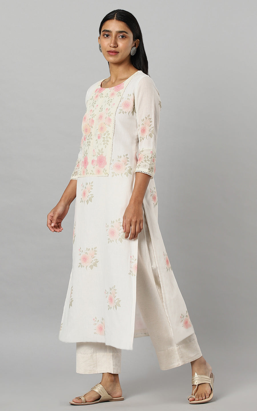 Offwhite Cotton Kurta With Vintage Floral Design All Over And An Elaborate Yoke With Lace Detailing With Chanderi Dupatta - Kurta & Pant with Dupatta