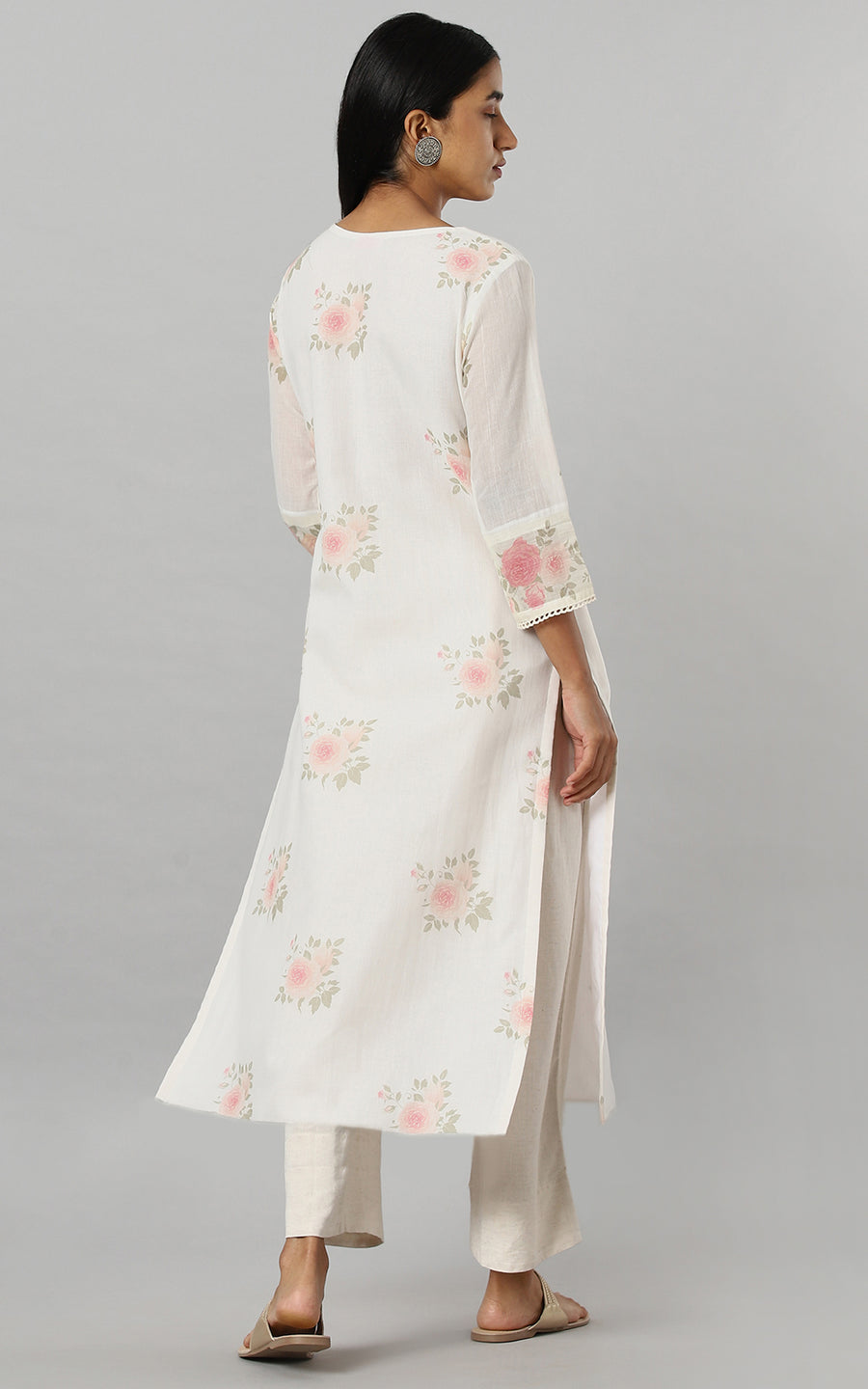 Offwhite Cotton Kurta With Vintage Floral Design All Over And An Elaborate Yoke With Lace Detailing With Chanderi Dupatta - Kurta & Pant with Dupatta
