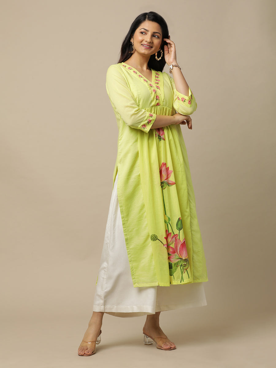 Yellow Lotus Printed Cotton Suit