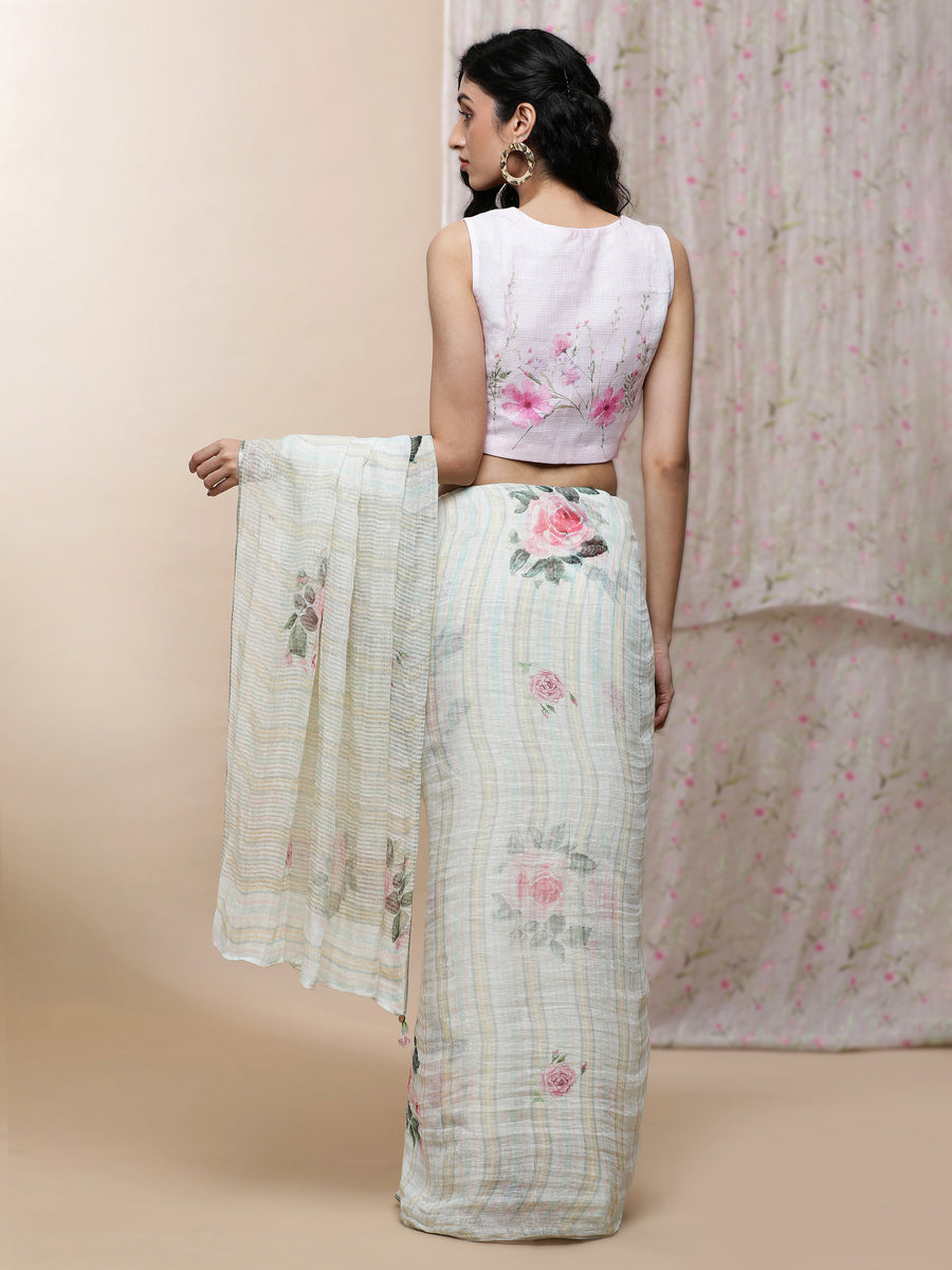 Adah Linen White With Stripes Saree