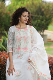 Offwhite Cotton Kurta With Vintage Floral Design All Over And An Elaborate Yoke With Lace Detailing With Chanderi Dupatta - Kurta & Pant with Dupatta