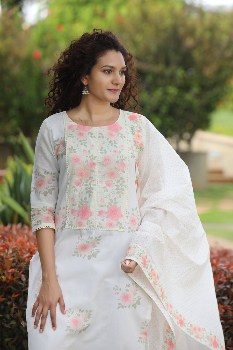 Offwhite Cotton Kurta With Vintage Floral Design All Over And An Elaborate Yoke With Lace Detailing With Chanderi Dupatta - Kurta & Pant with Dupatta