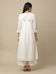 White Printed Yoke Cotton Suit With Chiffon Dupatta With Border - Kurta & Pant with Dupatta