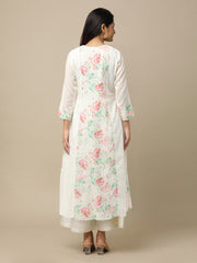 White Peony Printed Cotton Suit With White Chiffon With Printed Floral Border - Kurta & Pant with Dupatta