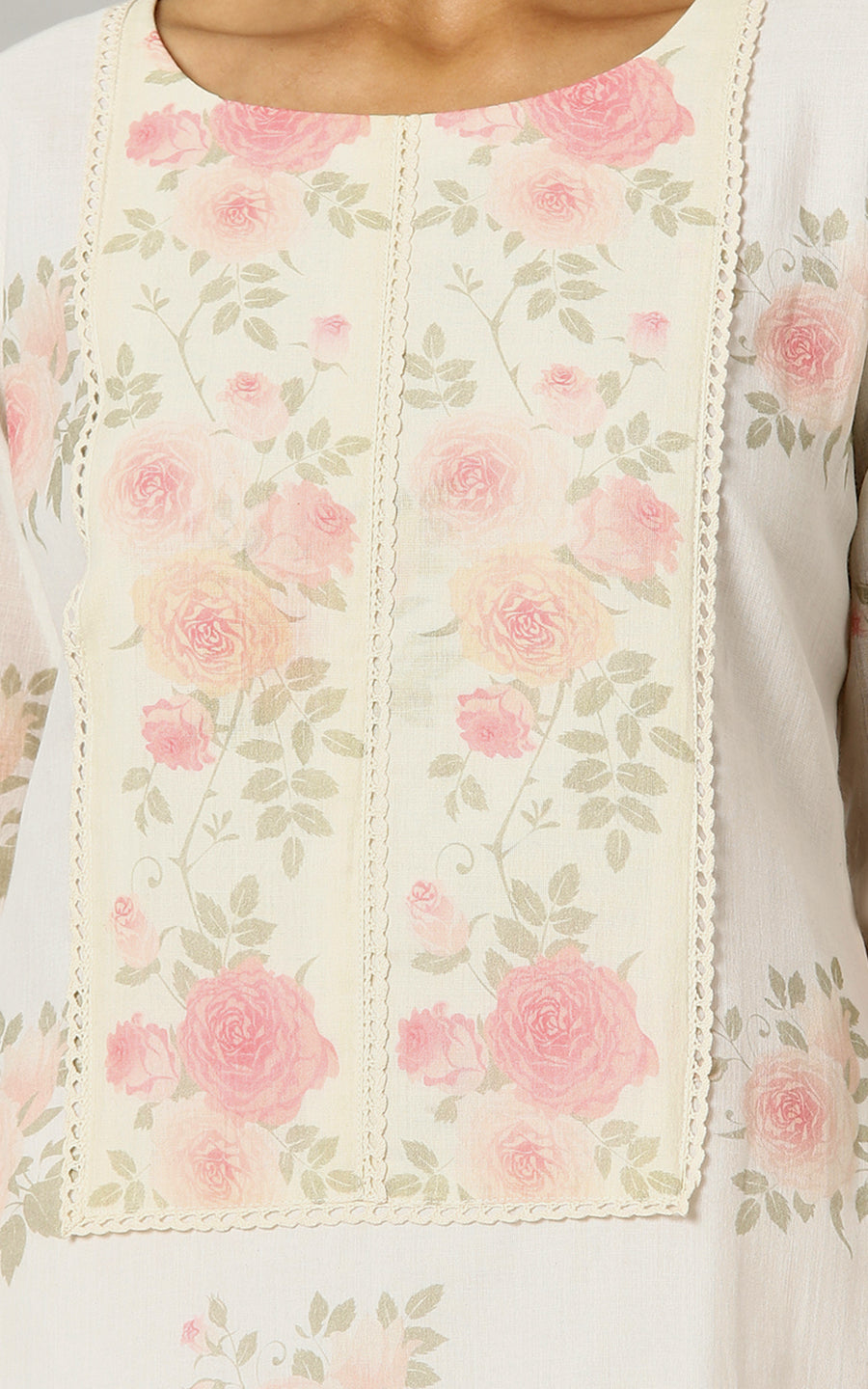 Offwhite Cotton Kurta With Vintage Floral Design All Over And An Elaborate Yoke With Lace Detailing With Chanderi Dupatta - Kurta & Pant with Dupatta