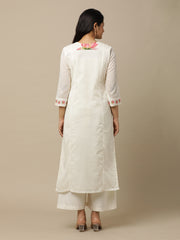 Ivory Lotus Printed Cotton Suit With White Chiffon Dupatta - Kurta & Pant with Dupatta