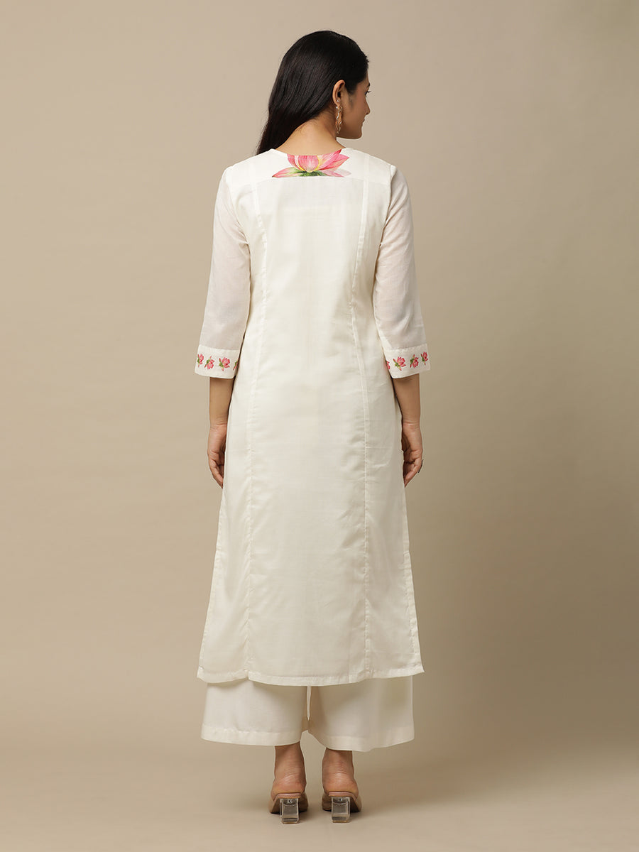 Ivory Lotus Printed Cotton Suit With White Chiffon Dupatta - Kurta & Pant with Dupatta